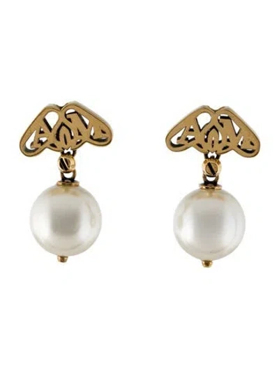 Pre-owned Alexander Mcqueen Faux Pearl Seal Drop Earrings In White