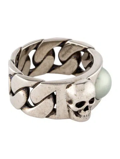 Pre-owned Alexander Mcqueen Faux Pearl Skull Chain Ring In White