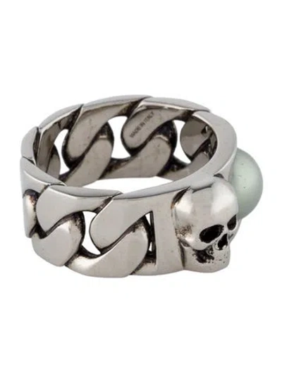 Pre-owned Alexander Mcqueen Faux Pearl Skull Chain Ring In White
