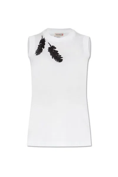 Alexander Mcqueen Embroidered Cotton Jersey Top In White