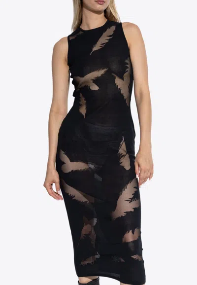 Alexander Mcqueen Feather Intarsia Midi Pencil Dress In Black