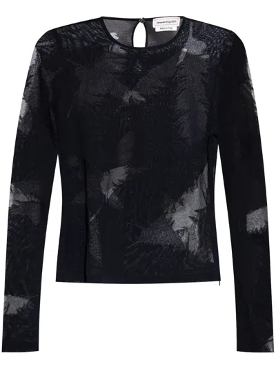 Alexander Mcqueen Bluse Mit Feder-intarsie In Black