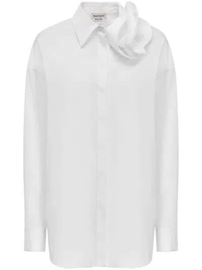 Alexander Mcqueen Feminine And Chic: Floral Rose-appliqué Cotton Shirt In White