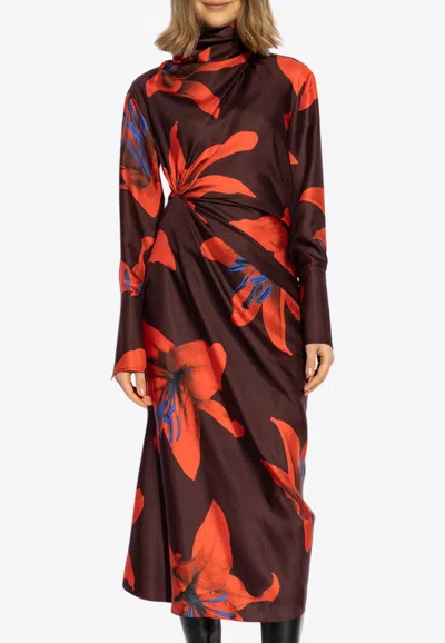 Alexander Mcqueen Fire Lily Print Silk Midi Dress In Bordeaux
