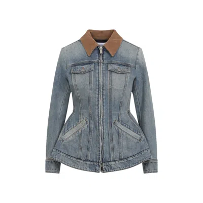 ALEXANDER MCQUEEN ALEXANDER MCQUEEN FITTED BLUE JACKET WITH PEPLUM HEM AND CONTRASTING COLLAR