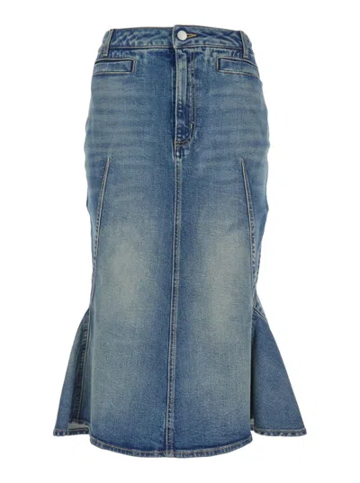 Alexander Mcqueen Fitted Denim Skirt With Flared Hem In Blue