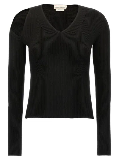 ALEXANDER MCQUEEN FITTED RIBBED WOOL SWEATER WITH CUT-OUT DETAIL