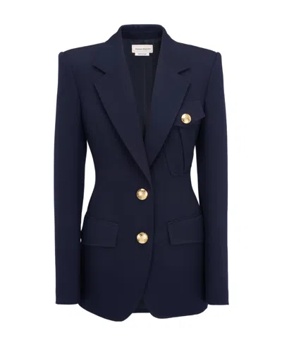 Alexander Mcqueen Flap-pocketed Single-breasted Blazer In Blue
