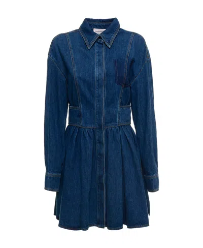 Alexander Mcqueen Flared Denim Shirt Dress In Blue