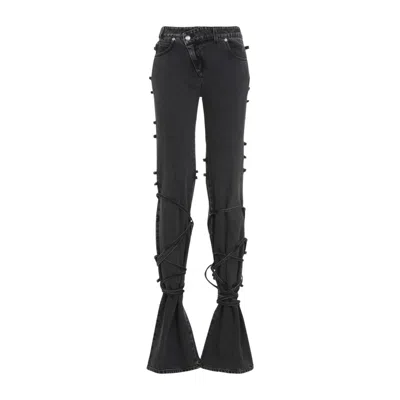Alexander Mcqueen Flared Jeans With Unique Lace-up Detailing And High-quality Cotton Fabric In Blackstonewashed