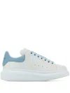 Alexander Mcqueen Women White Leather Sneakers With Pastel Light Blue Suede Heel In Blue