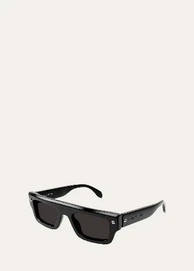 Alexander Mcqueen Flat-top Studded Acetate Rectangle Sunglasses In Shiny Solid Black