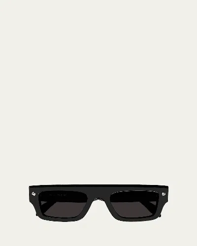 Alexander Mcqueen Flat-top Studded Acetate Rectangle Sunglasses In Shiny Solid Black With Silver Studs