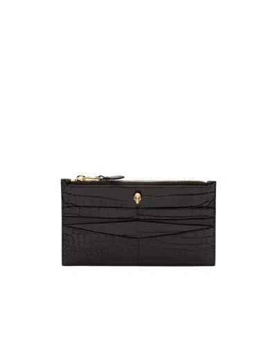 Alexander Mcqueen Flat Zip Crocodile-effect Wallet In Black
