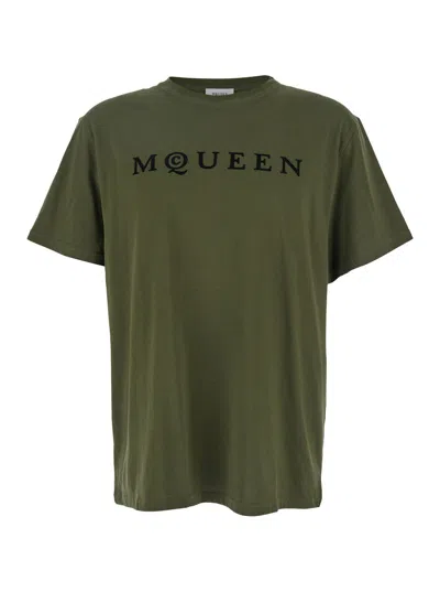 ALEXANDER MCQUEEN ALEXANDER MCQUEEN MEN GREEN CREWNECK T-SHIRT WITH LOGO PRINT ON THE FRONT IN COTTON MAN
