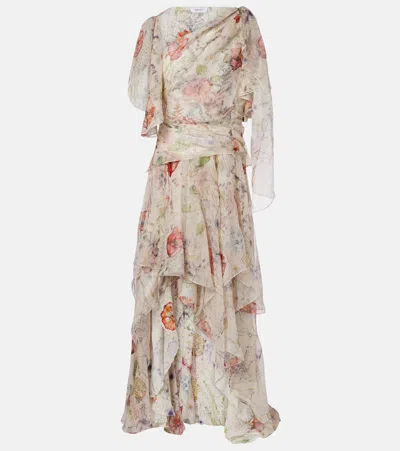 Alexander Mcqueen Floral Asymmetric Silk Chiffon Gown In Multi