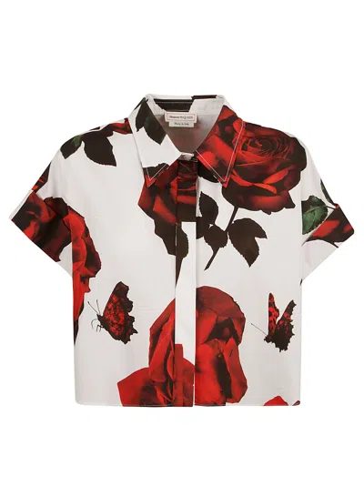 Alexander Mcqueen Floral Cropped Oversize Shirt In Optical White