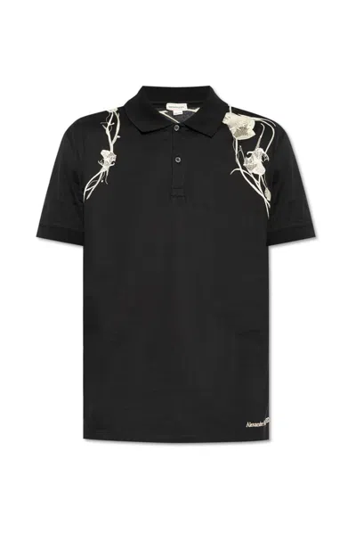 Alexander Mcqueen Pressed Flower Harness Polo Shirt In Black