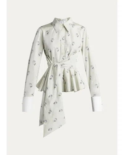 Alexander Mcqueen Floral Jacquard Taffeta Wrap Peplum Shirt In Gray