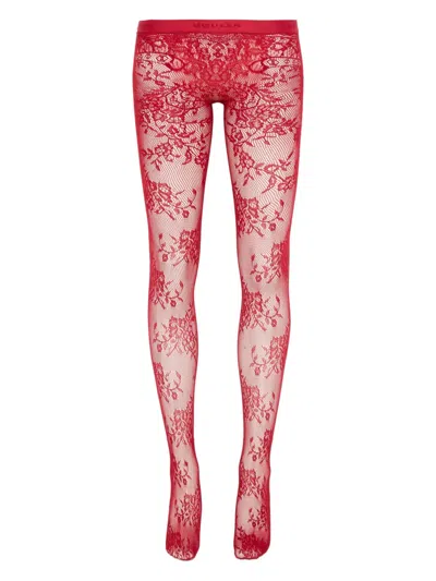 Alexander Mcqueen Floral Lace Sheer Tights With Elastic Waistband In Red