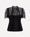 Alexander Mcqueen High Neck Sheer Lace Short Sleeve Top In Black