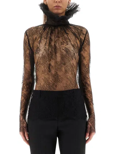 Alexander Mcqueen Sheer Lace High Neck Long Sleeve Top In Brown
