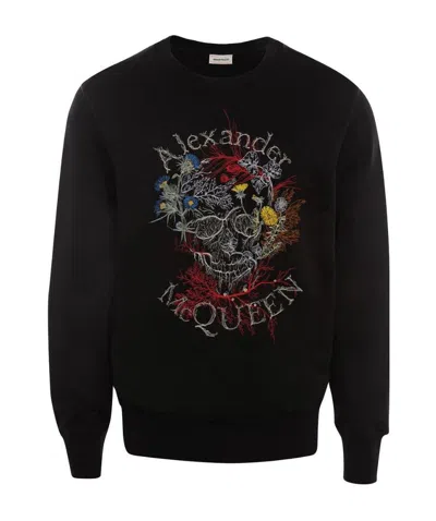 Alexander Mcqueen Floral Logo Embroidered Sweatshirt In Black