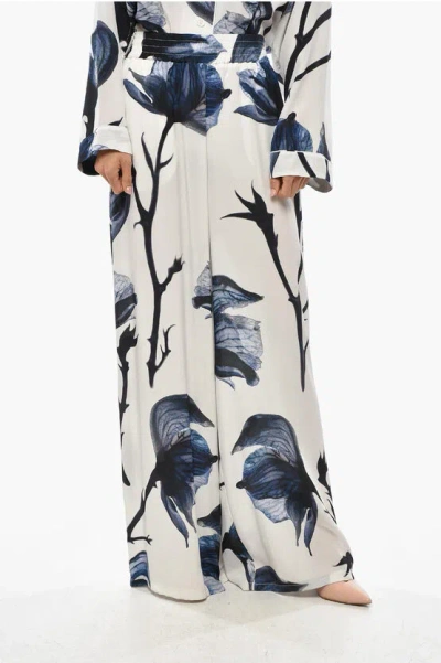Alexander Mcqueen Floral Patterned Silk Palazzo Pants With Elastic Waistband In Multi