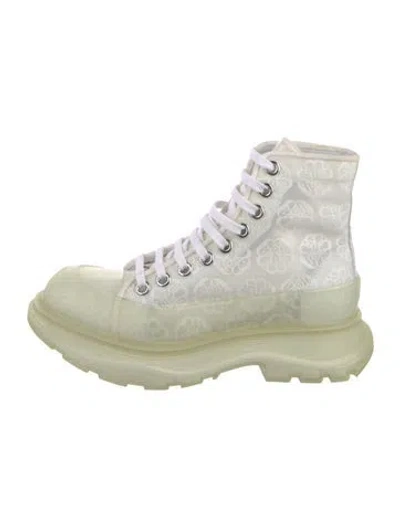 Pre-owned Alexander Mcqueen Floral Print Mesh Accents Combat Boots In White