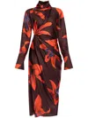 Alexander Mcqueen Turtleneck Floral Twisted Long-sleeve Midi Dress In Red