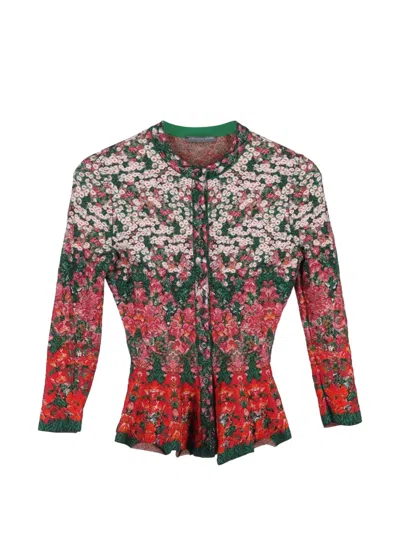 Pre-owned Alexander Mcqueen Floral-print Peplum-hem Cardigan In Red