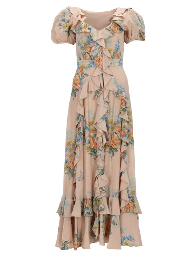 Alexander Mcqueen Floral Print Ruched Mini Dress With V Collar And Puff Sleeves In Multi