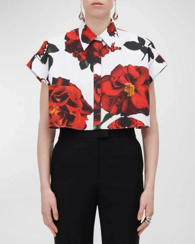 Alexander Mcqueen Floral-print Short-sleeve Crop Collared Shirt In White