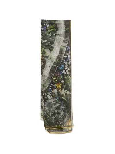 Pre-owned Alexander Mcqueen Floral-print Square Scarf In Black