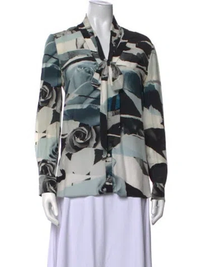 Pre-owned Alexander Mcqueen Floral Print Tie Neck Blouse In Blue