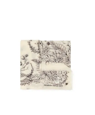 Alexander Mcqueen Floral-print Wool Scarf In Nude