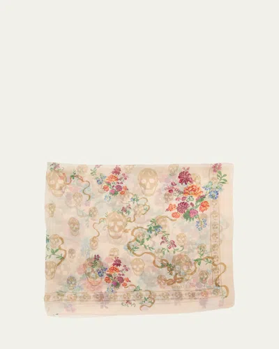 Alexander Mcqueen Floral Skull Silk Scarf In Ivory Beige