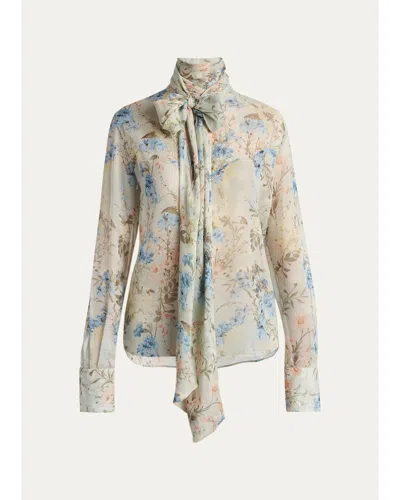 Alexander Mcqueen Floral Tieneck Silk Blouse In Neutral