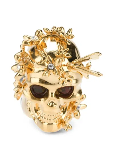 Alexander Mcqueen Floral-embellished Skull Ring In Gold