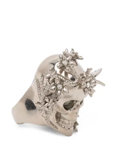 Alexander Mcqueen Floral-embellished Skull Ring In Metallic