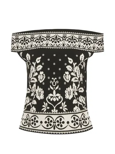 Pre-owned Alexander Mcqueen Floral-embossed Knitted Cropped Blouse In Black