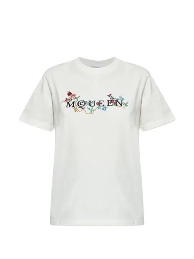 Alexander Mcqueen Floral-embroidered Logo T-shirt In White