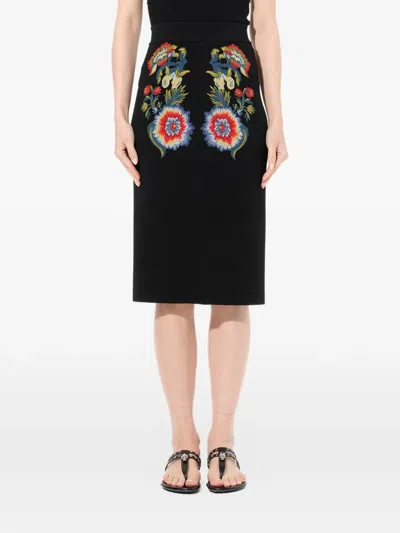 Alexander Mcqueen Floral-embroidered Pencil Skirt In Black
