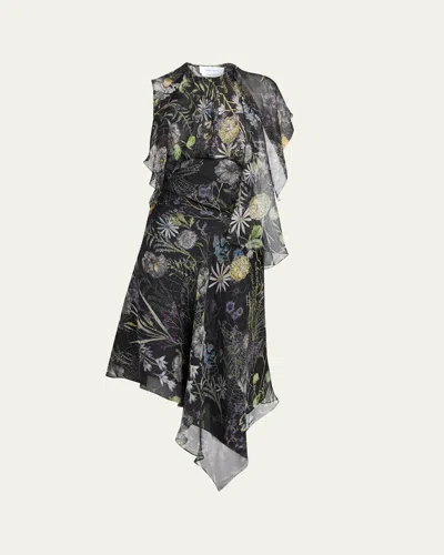 Alexander Mcqueen Floral-print Asymmetric Ruffle Midi Dress In Black