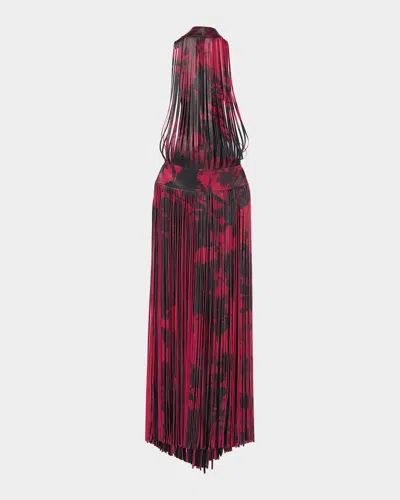 Alexander Mcqueen Floral-print Leather Fringe Maxi Dress In Red