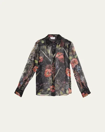 Alexander Mcqueen Floral-print Silk Organza Collared Blouse In Black