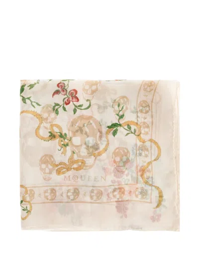 Alexander Mcqueen Floral-print Skull Scarf In Neutral