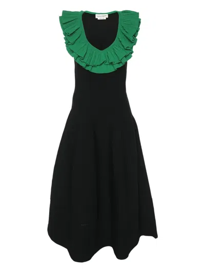 Pre-owned Alexander Mcqueen Flounced-plunge Midi Dress In Black