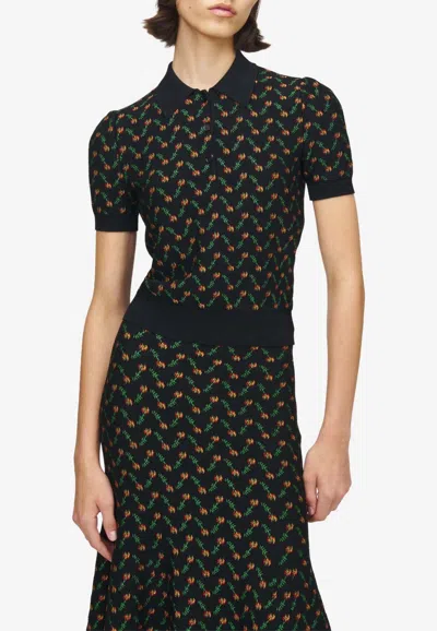 Alexander Mcqueen Flower Jacquard Knit Polo T-shirt In Black