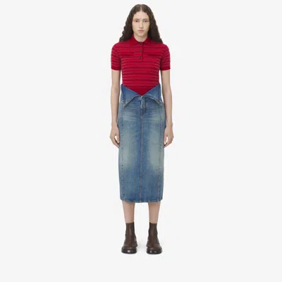 Alexander Mcqueen Fold Over Waist Denim Skirt In Stone Washed
